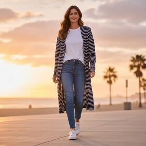 Athleta Retreat Women's M Navy White Striped Long Open Silk Cashmere Cardigan